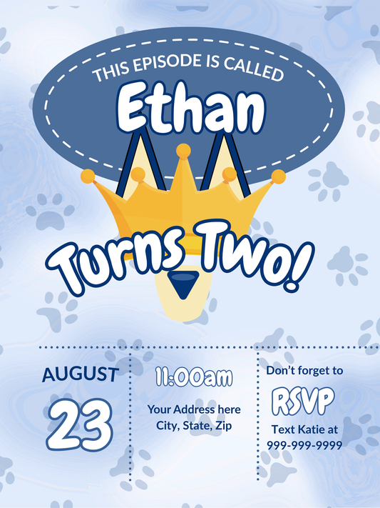 Bluey-inspired second birthday invitation featuring the text “This Episode Is Called Ethan Turns Two!” with dog ears, a yellow crown, paw prints, and playful blue tones. Includes party details for August 23 at 11:00 AM with RSVP info to text Katie.