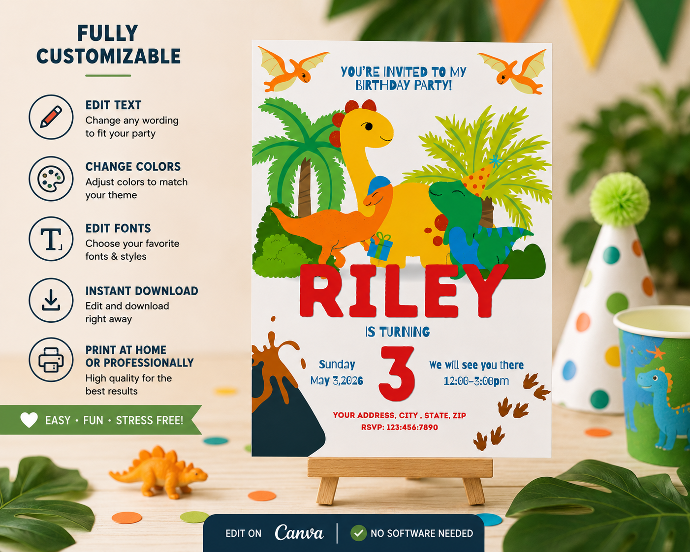 Dinosaur Birthday Invitation | Dino Birthday Party Invite | Editable Canva Template | Kids Birthday Invitation | Instant Download