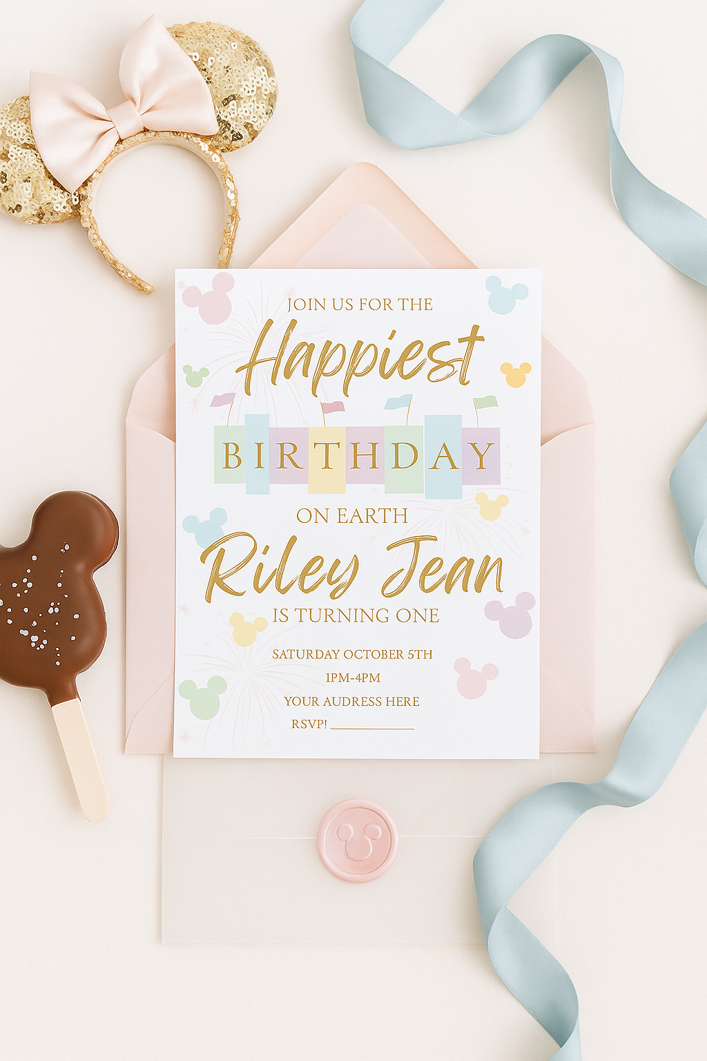 Flat lay photo of a pastel Disney-inspired birthday invitation with a pink envelope, vellum jacket, and Mickey-shaped wax seal, surrounded by gold sequin Minnie Mouse ears, baby blue ribbon, and a chocolate Mickey ice cream bar. Ideal for whimsical first birthday party inspiration.