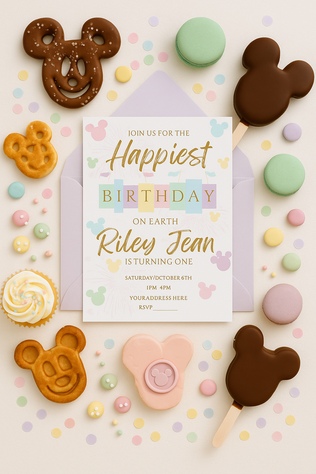 Pastel birthday invitation in a lavender envelope surrounded by Disney-inspired sweets including Mickey-shaped pretzels, ice cream bars, cupcakes, macarons, and candy. Styled flat lay for a classic Disneyland theme birthday party.