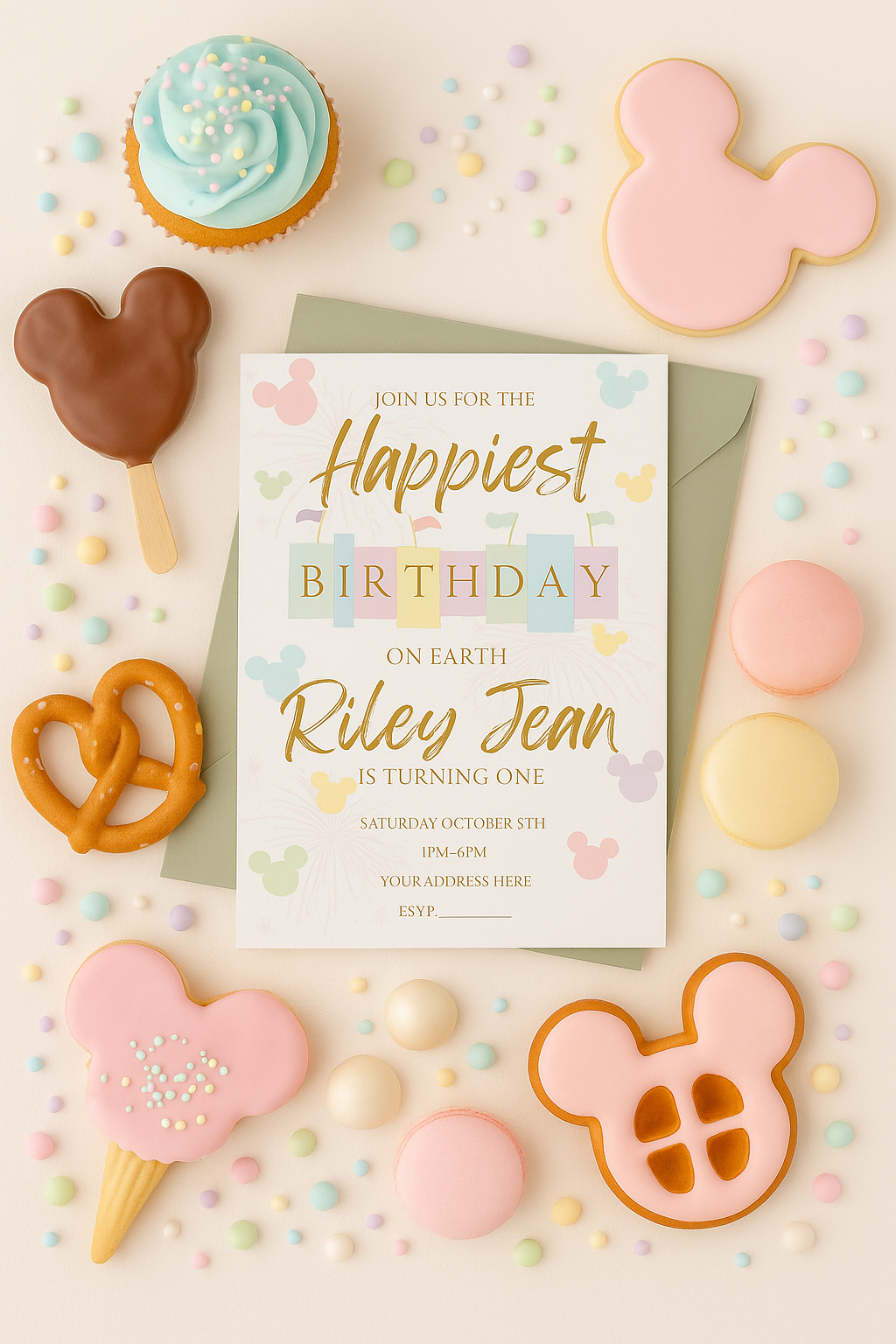 Whimsical birthday invitation flat lay featuring pastel cookies, Mickey-shaped treats, a green envelope, swirl cupcakes, and colorful confetti. Perfect for showcasing a gender-neutral Disney birthday party theme with nostalgic snacks.