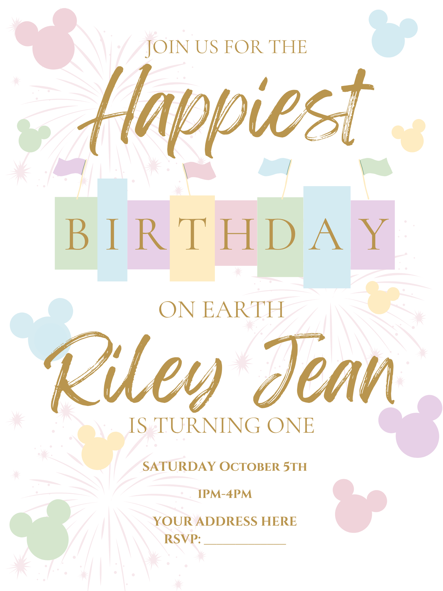 Disney-themed first birthday invitation with pastel Mickey Mouse silhouettes, gold script text, and fireworks. Reads βJoin us for the Happiest Birthday on EarthβRiley Jean is turning one.β Includes date, time, location, and RSVP info.