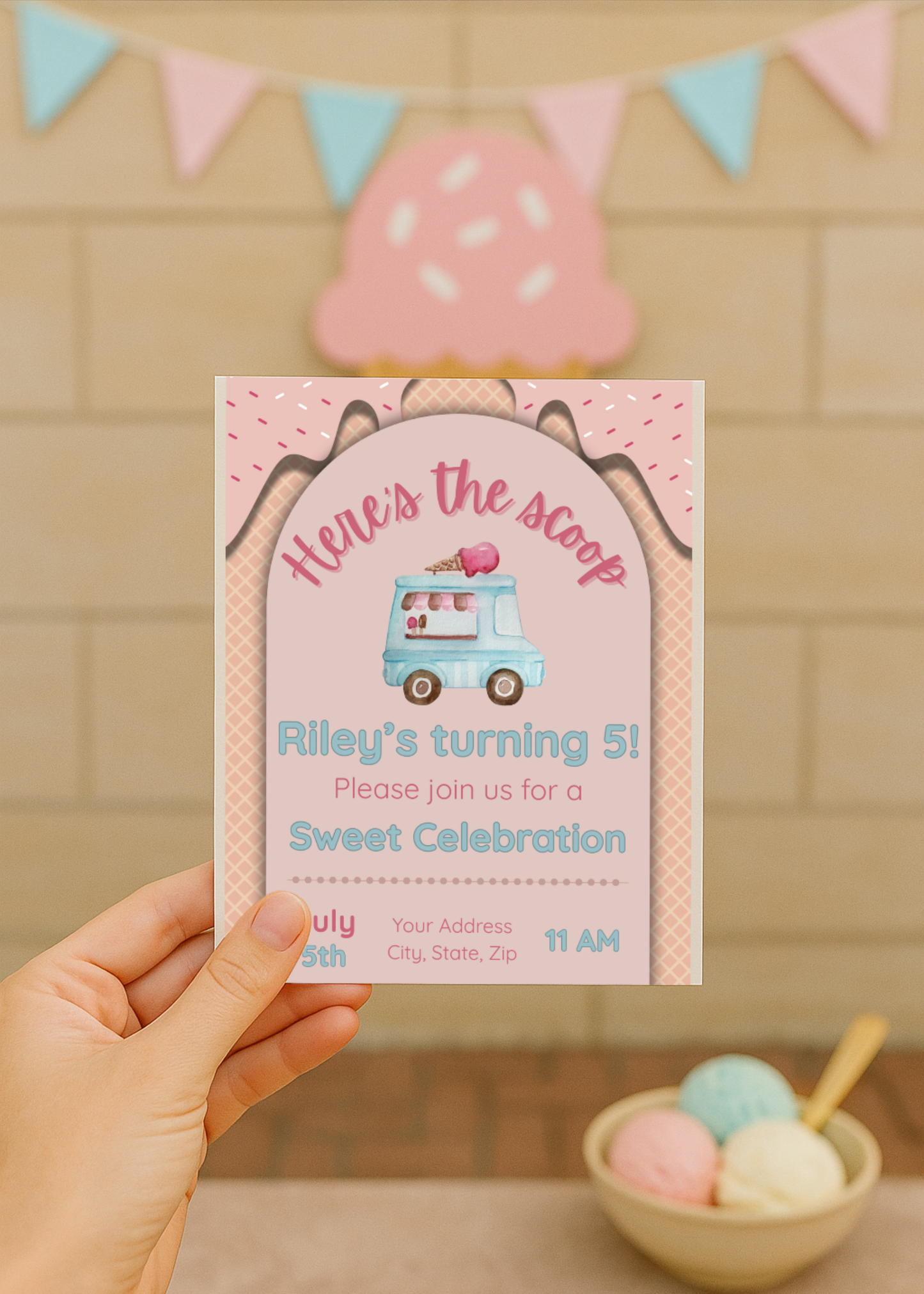 Here’s the Scoop Birthday Invitation | Ice Cream Party Invite | Sweet Birthday Theme | Editable Canva Template | Girl Birthday Invitation | Instant Download