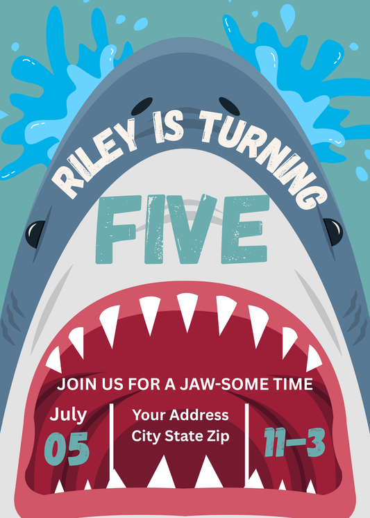Shark-themed 5th birthday invitation with cartoon shark, wide open mouth, and water splashes. Text says “Riley is turning five.” Includes party date, time, and location details. Perfect for ocean or JAW-some shark party.