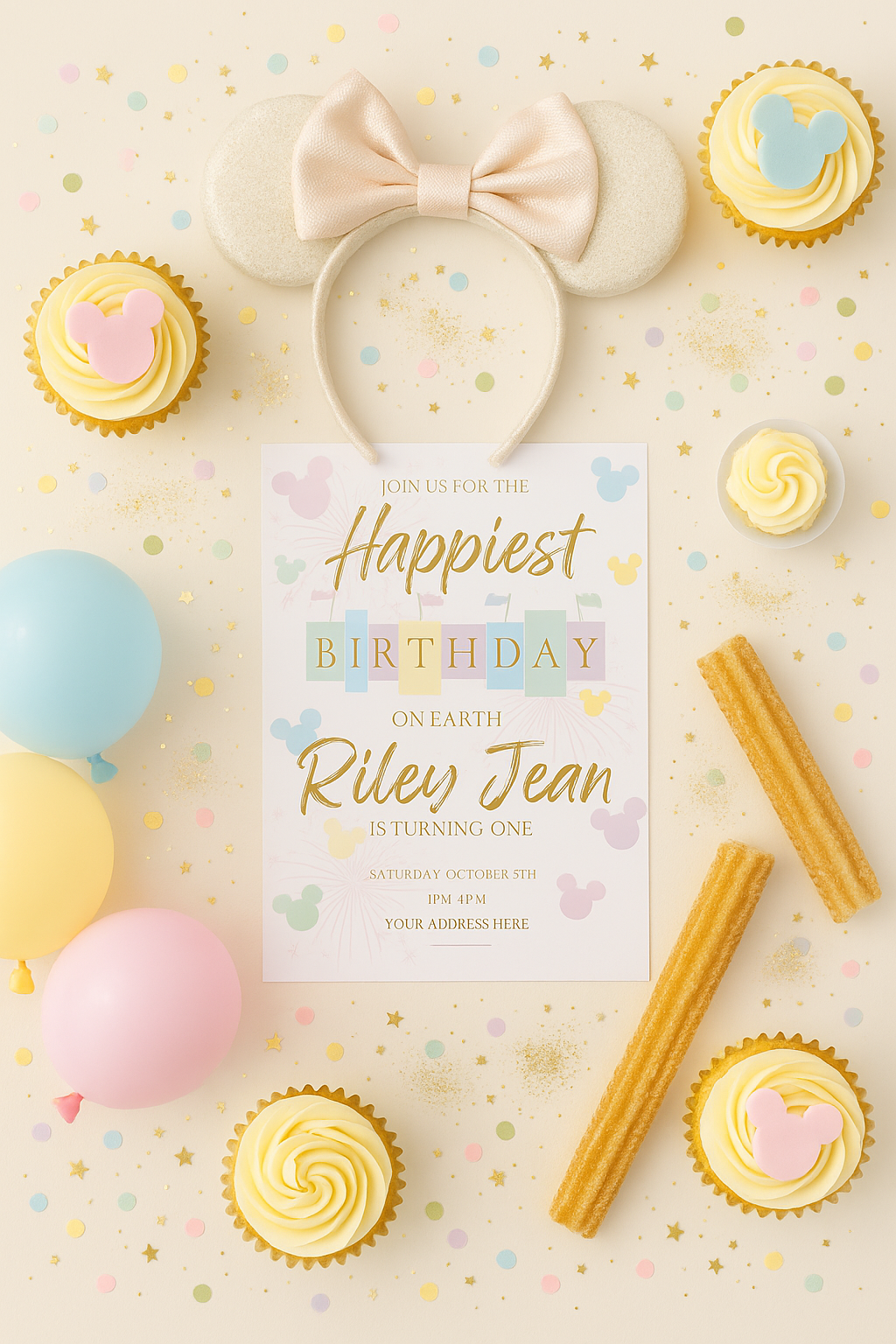 Elegant pastel birthday party invitation scene featuring white Minnie Mouse ears with a champagne bow, pastel balloons, swirl cupcakes, glitter, and golden churros. Styled for a sweet and classic Disney theme celebration.
