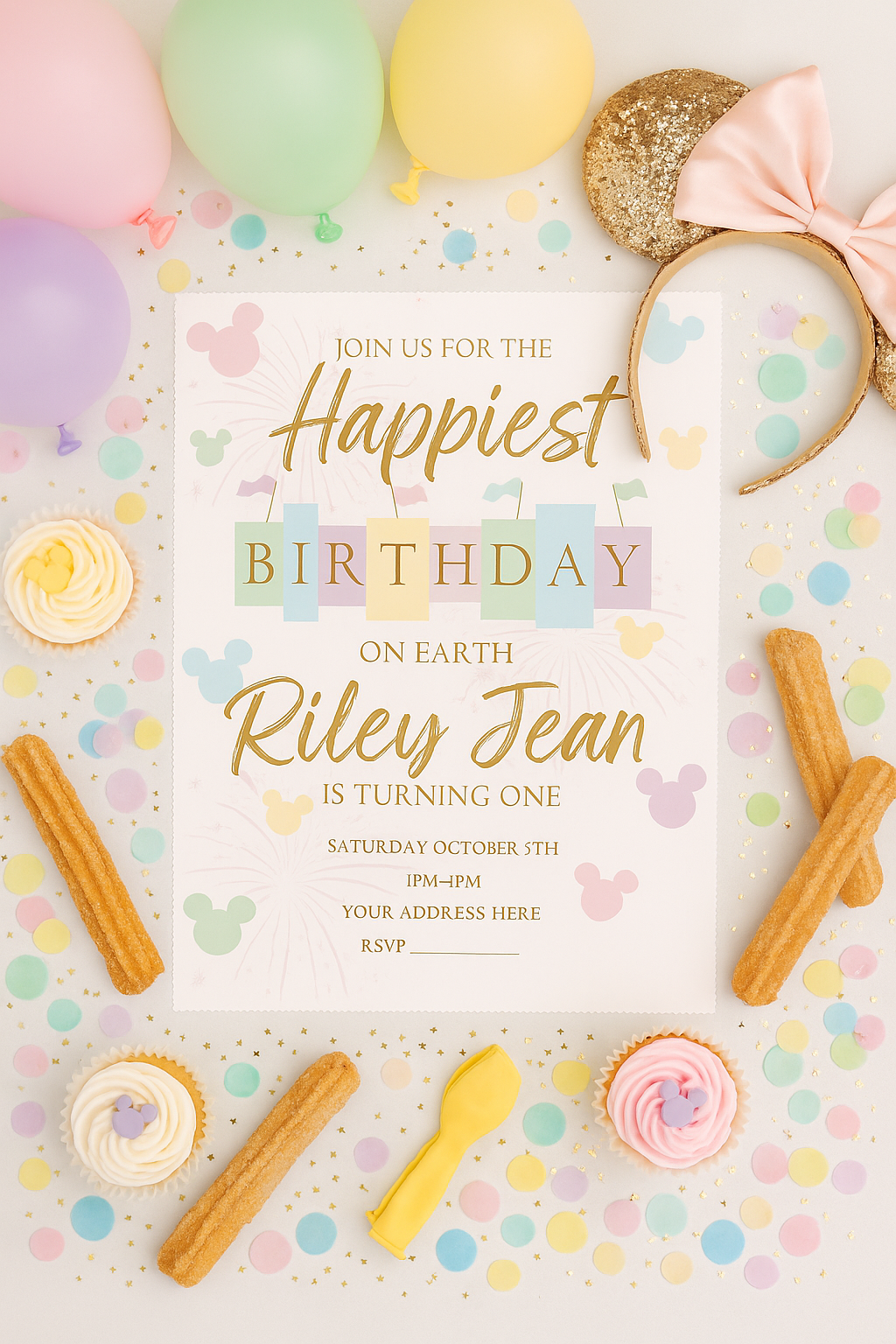 Bright and playful flat lay of a Happiest Birthday on Earth invitation surrounded by gold Minnie ears, rainbow pastel balloons, cupcakes with Mickey toppers, churros, and confetti. Vibrant inspiration for a classic Disneyland-themed birthday party.