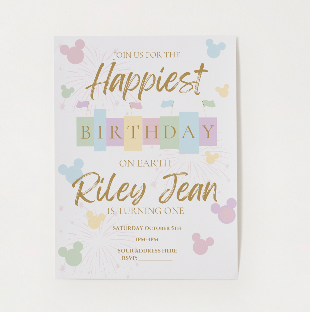 Disney-inspired first birthday invitation with pastel Mickey Mouse silhouettes, colorful block letters, and gold script text. Reads βHappiest Birthday on Earth β Riley Jean is turning one.β Clean white background, ideal for listing display mockup.