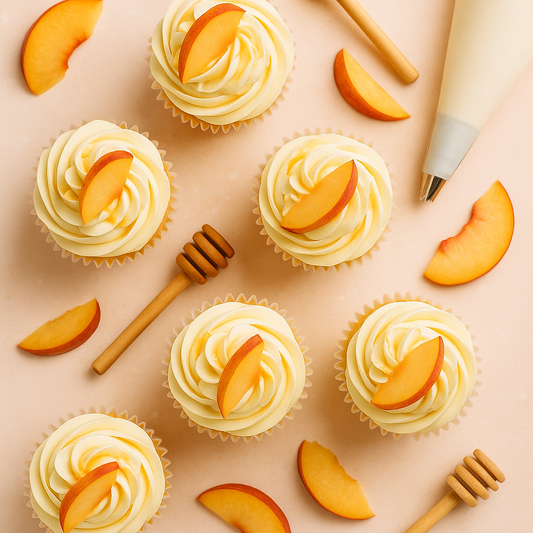 Flat lay of honey peach cupcakes with cream swirls, topped with peach slices, surrounded by honey dippers, peach slices, and piping bag. Made for a "One Sweet Peach" Birthday Theme