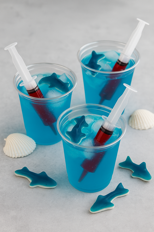 Three plastic cups filled with blue punch, gummy sharks, and red liquid-filled syringes. White seashell decorations and extra gummy sharks are scattered on the gray surface. For the Shark Party Theme.