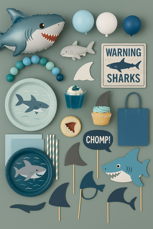 A flat lay of shark-themed party decorations including shark plates, cupcake toppers, balloons, signs that say "Warning Sharks" and "Chomp!", party hats, straws, a shark balloon, and ocean-colored accents.
