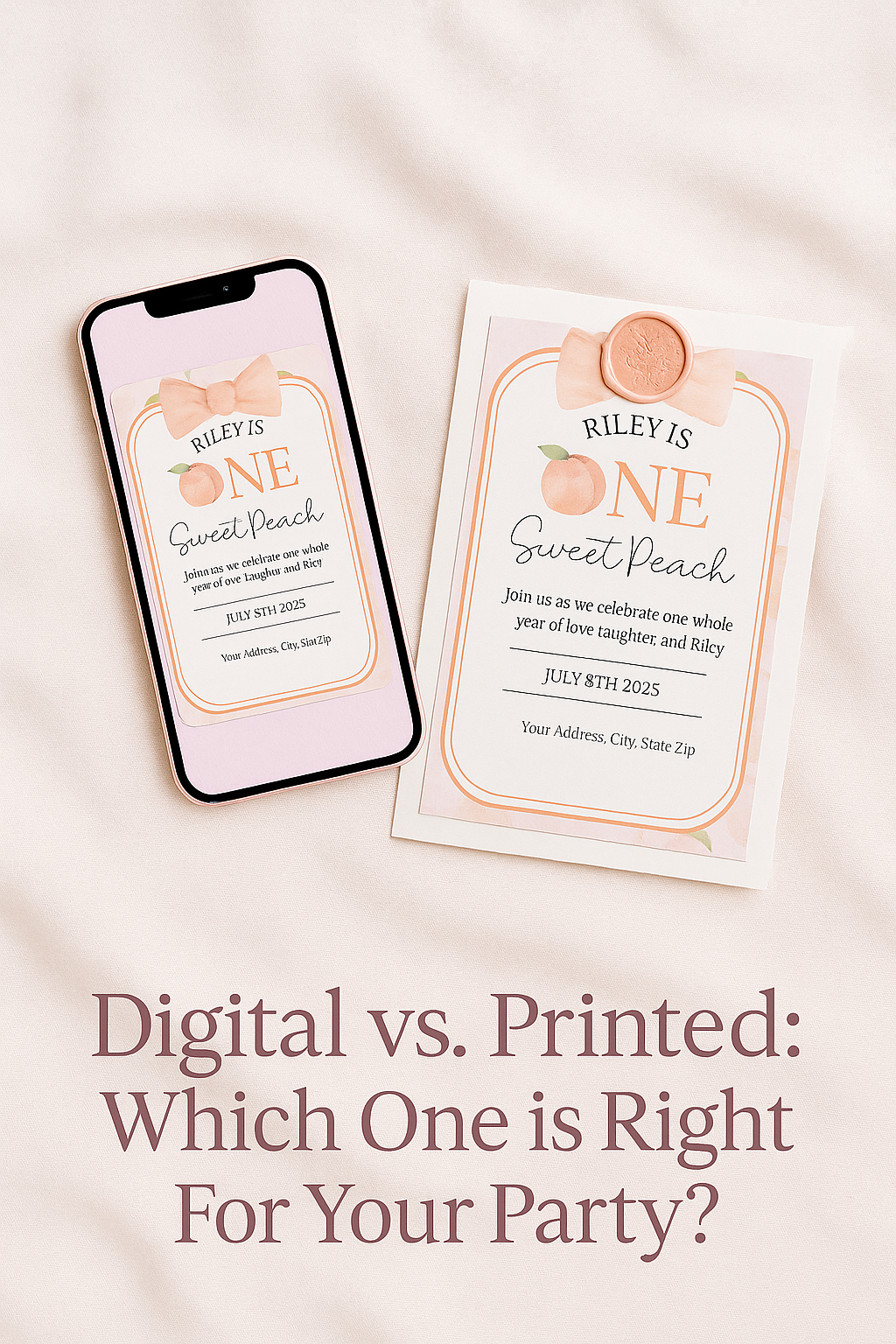 Minimalist infographic listing pros and cons of using digital invitations for parties, featuring a smartphone icon