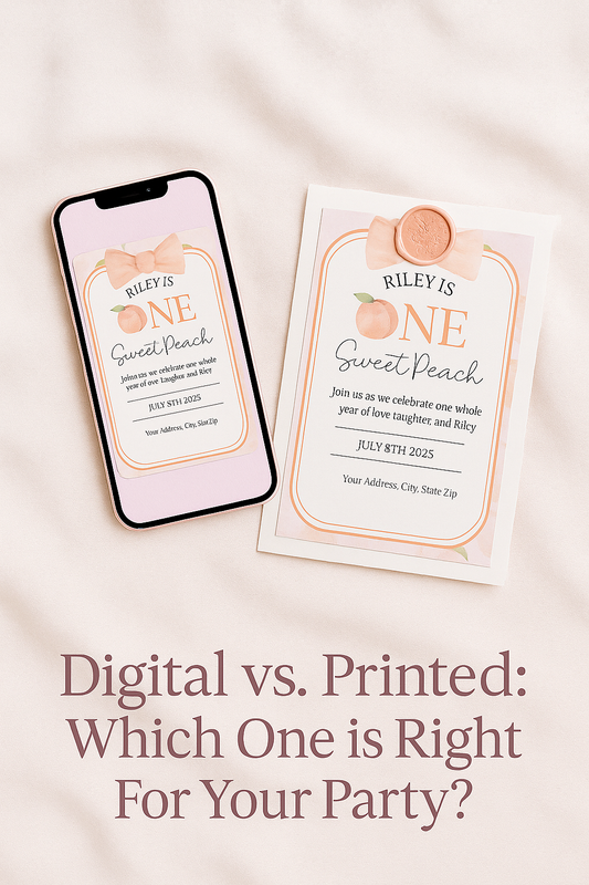 Minimalist infographic listing pros and cons of using digital invitations for parties, featuring a smartphone icon