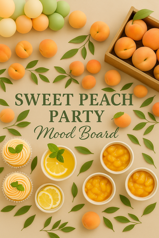 Flat lay of peach-themed party mood board featuring fresh peaches, green leaves, cupcakes with peach swirl frosting, lemon drinks, peach desserts, and a peach and cream balloon garland.