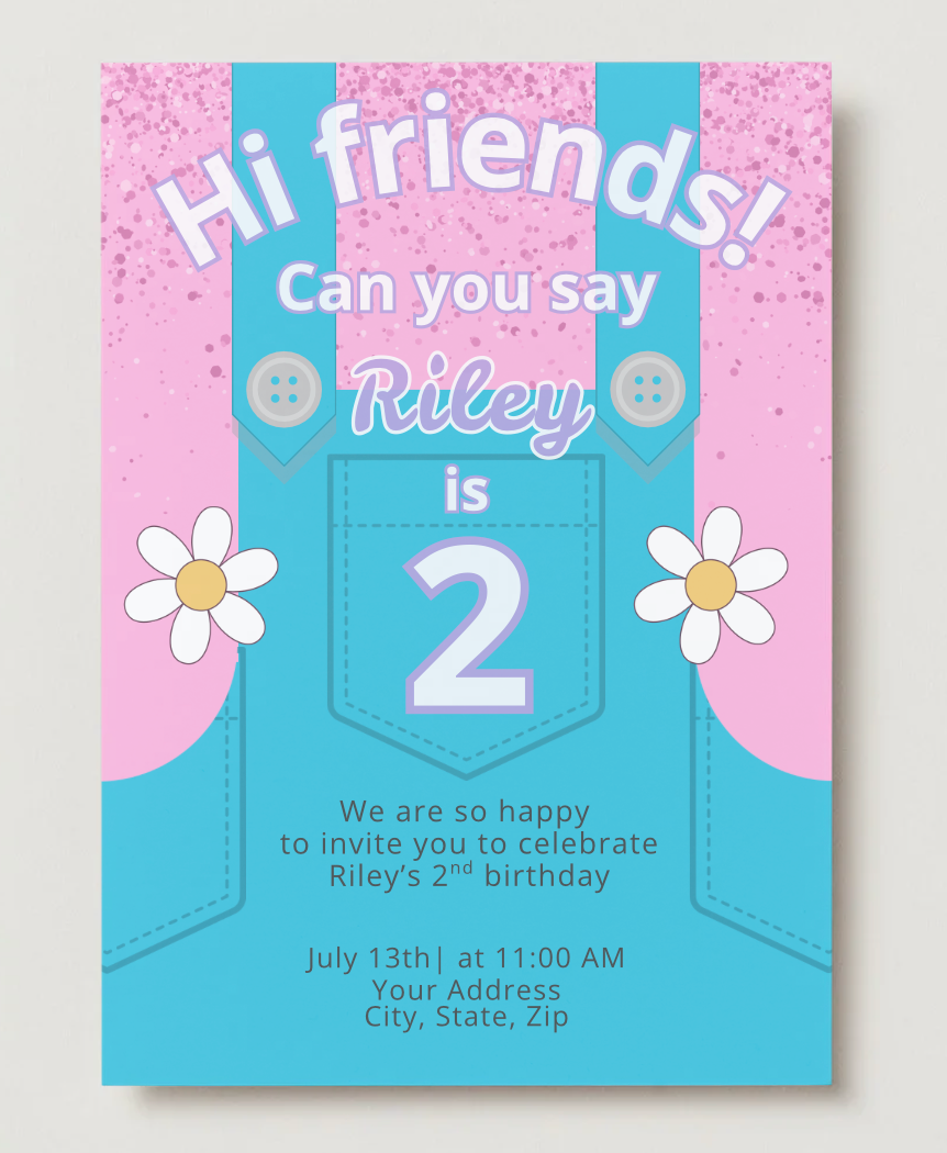 Mrs. Rachel-inspired second birthday invitation with pink and blue overalls, daisy flowers, and bold text saying “Can you say Riley is 2.” Includes party date, time, and location. Perfect for toddler birthday with educational and playful theme.