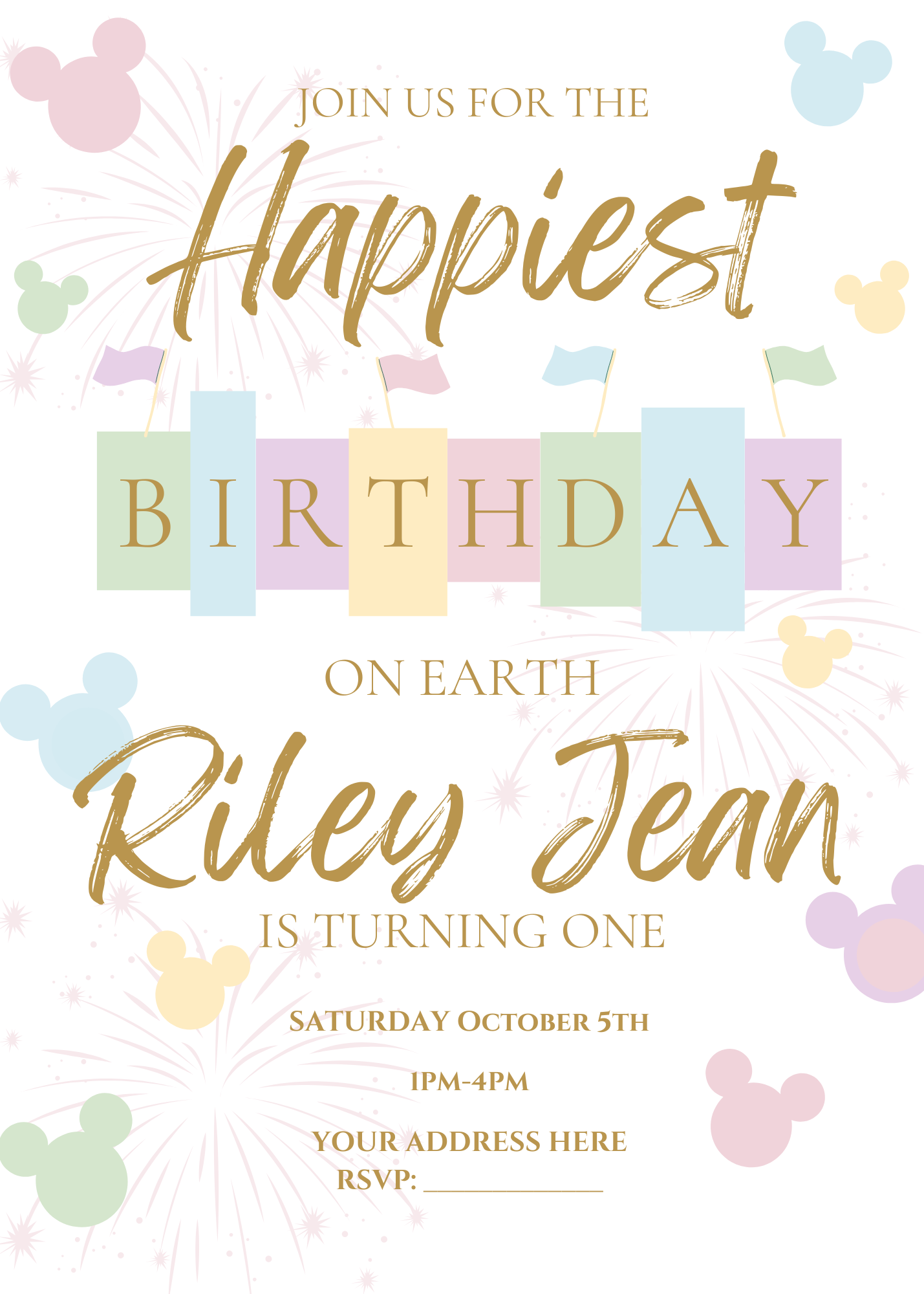 Disney-inspired pastel birthday invitation with gold script text reading “Happiest Birthday on Earth.” Features Mickey Mouse silhouettes, fireworks, and pastel blocks spelling “BIRTHDAY.” Celebrates Riley Jean’s first birthday with party details.