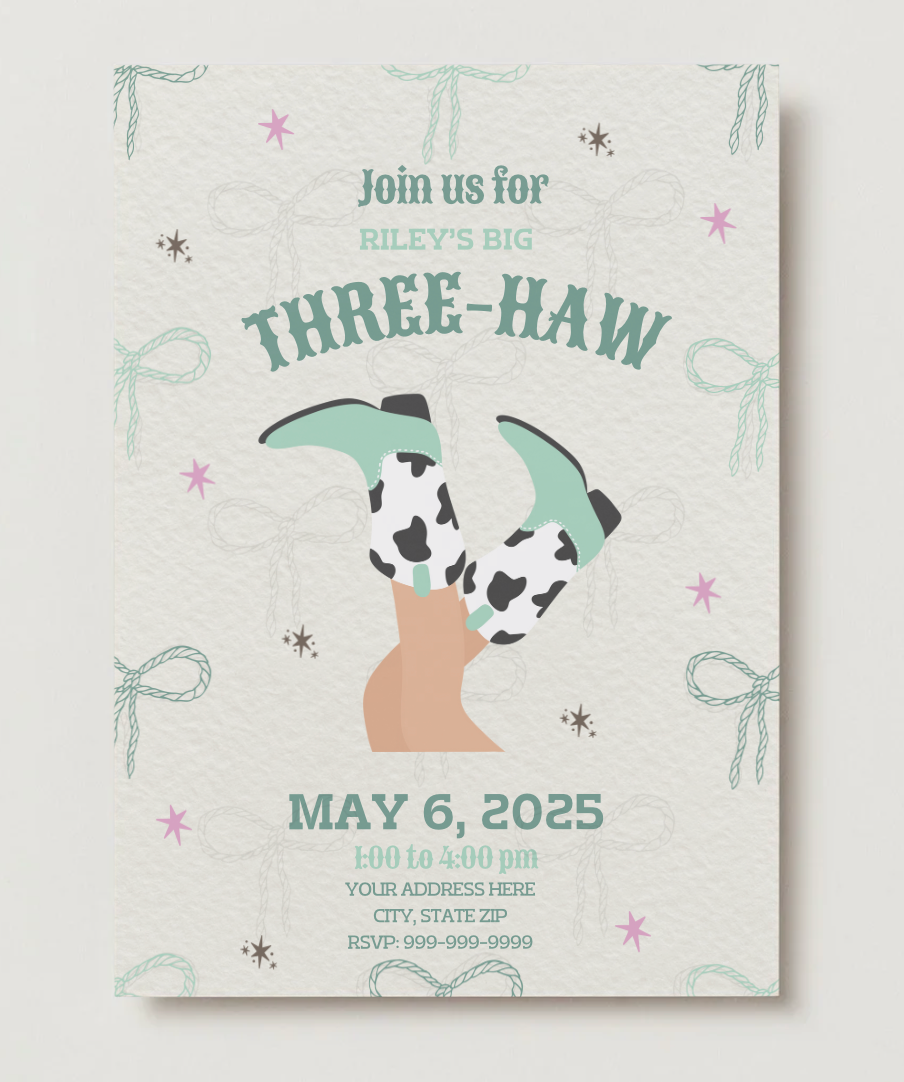 Western-themed third birthday invitation with mint green and cow print cowgirl boots. Text says “Riley’s Big Three-Haw” with party date, time, address, and RSVP. Features rope lasso accents and stars for a girly cowgirl birthday party vibe.