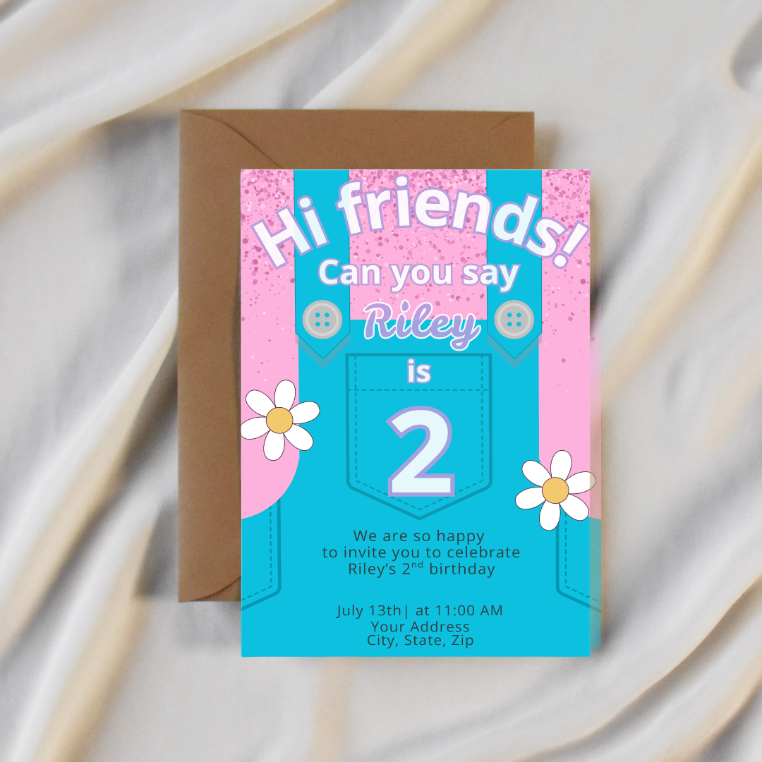 Mrs. Rachel-inspired 2nd birthday invitation styled with kraft envelope on soft white fabric. Design features pink glitter, blue overalls, daisies, and text “Hi friends! Can you say Riley is 2.” Fun and playful invite for toddler girl’s birthday party.