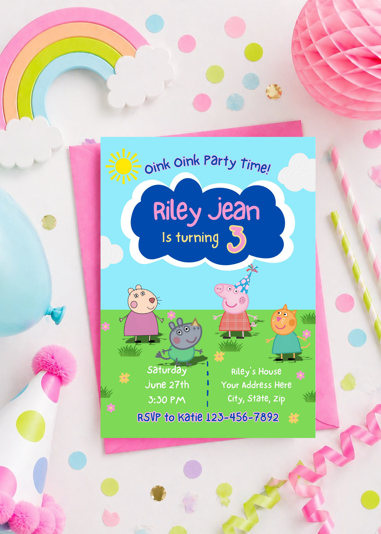 Peppa Pig Inspired Birthday Invitation | Editable 3rd Birthday Invite for Girls | Oink Party Theme | Printable Canva Template