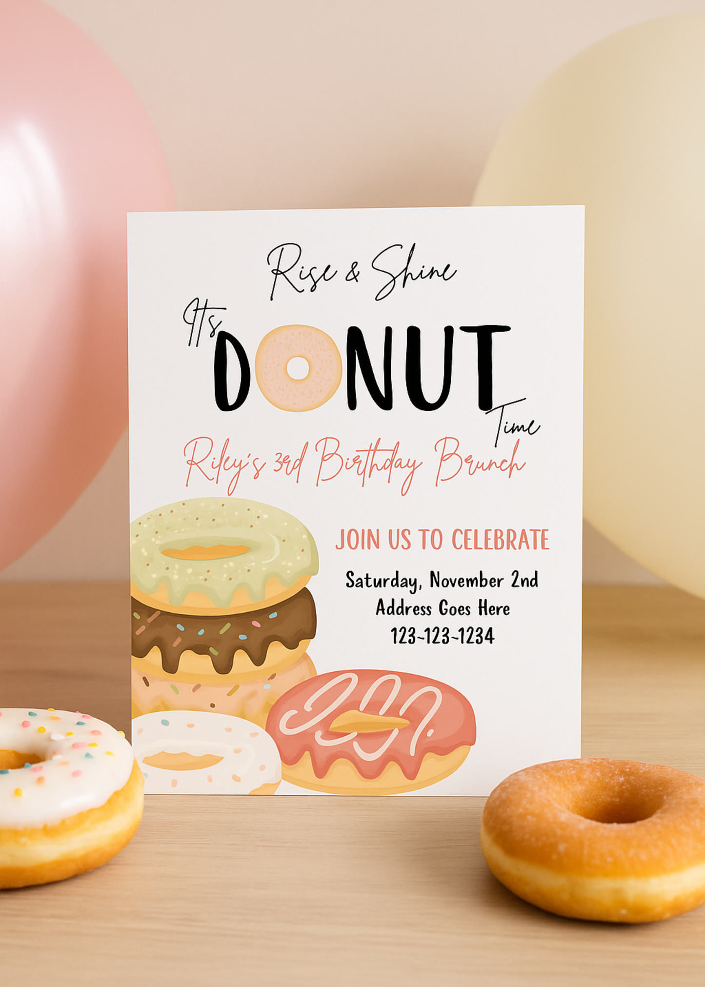 Birthday Brunch Invitation Template | Editable Brunch Party Invite | Donut Theme Birthday Invite | Printable Canva Invitation