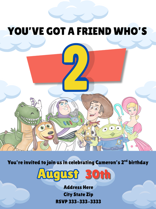 Toy Story 2nd birthday invitation template with characters and “You’ve Got a Friend Who’s 2” text, editable kids birthday party invite, digital download