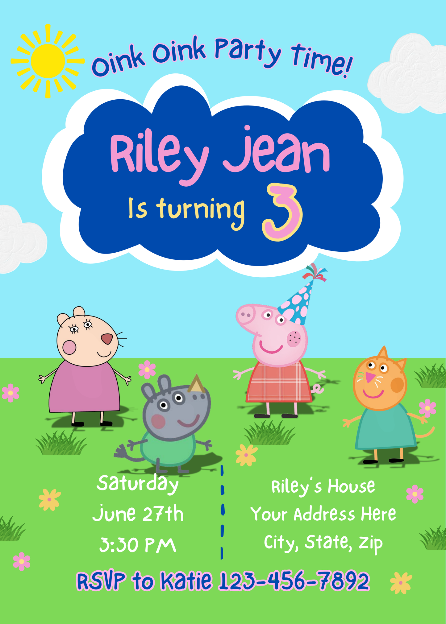 Peppa Pig Inspired Birthday Invitation | Editable 3rd Birthday Invite for Girls | Oink Party Theme | Printable Canva Template
