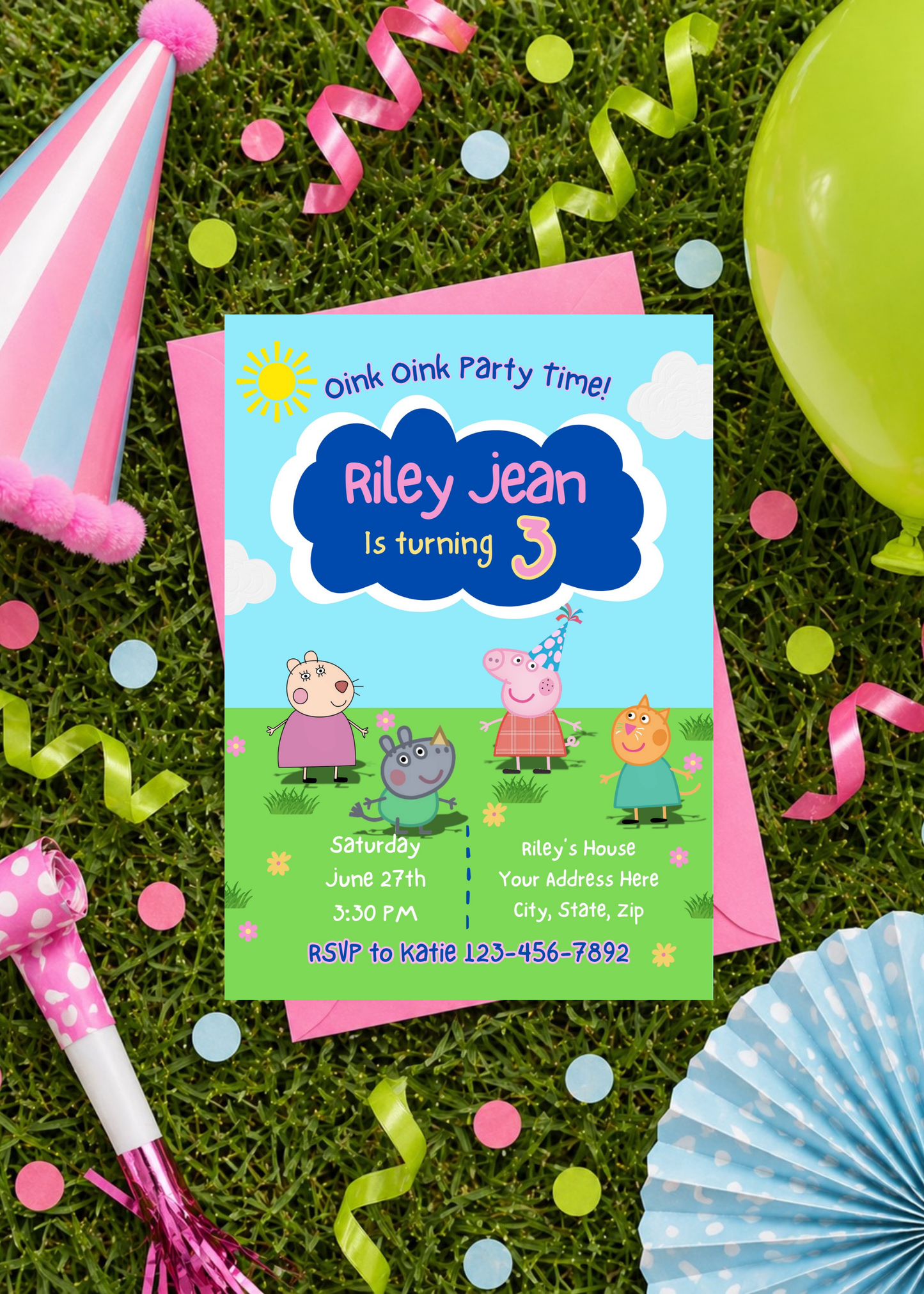 Peppa Pig Inspired Birthday Invitation | Editable 3rd Birthday Invite for Girls | Oink Party Theme | Printable Canva Template