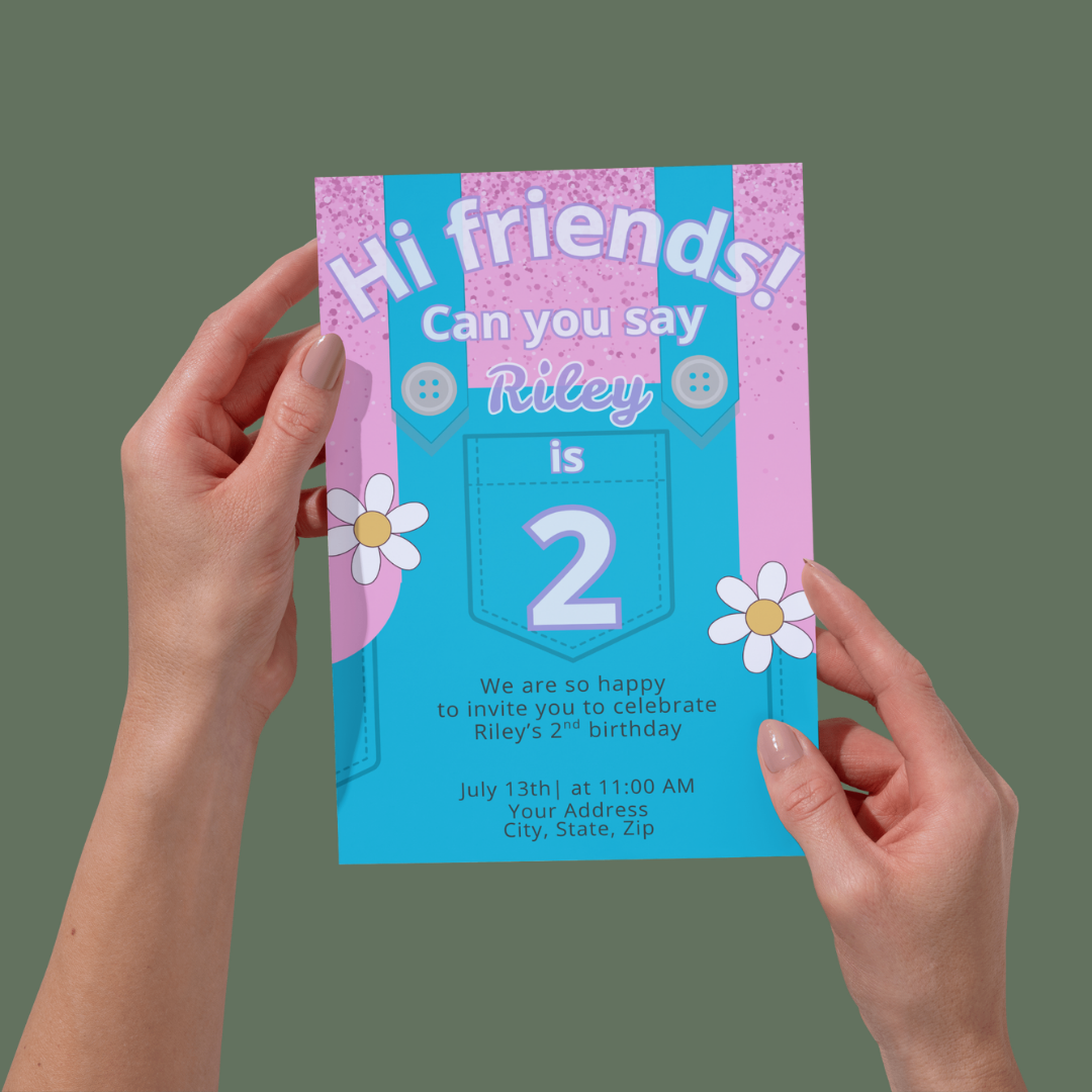 Hands holding a Mrs. Rachel-inspired 2nd birthday invitation with pink glitter background, blue overalls, daisies, and button details. Text reads “Hi friends! Can you say Riley is 2.” Fun and colorful invite for toddler girl’s birthday celebration.