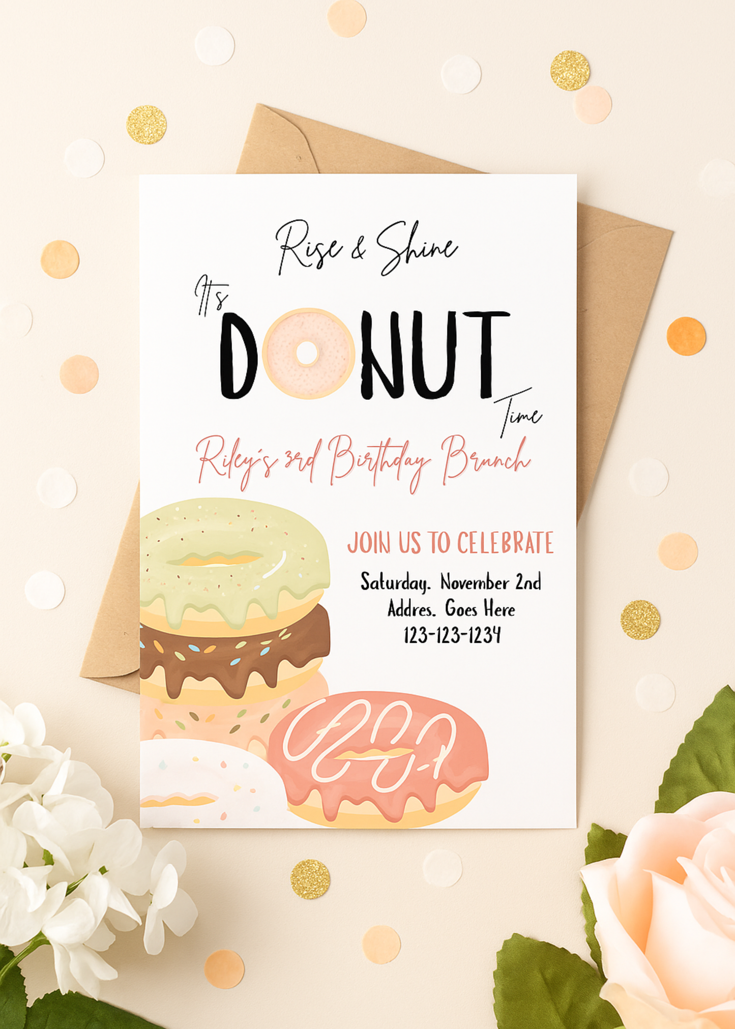 Birthday Brunch Invitation Template | Editable Brunch Party Invite | Donut Theme Birthday Invite | Printable Canva Invitation