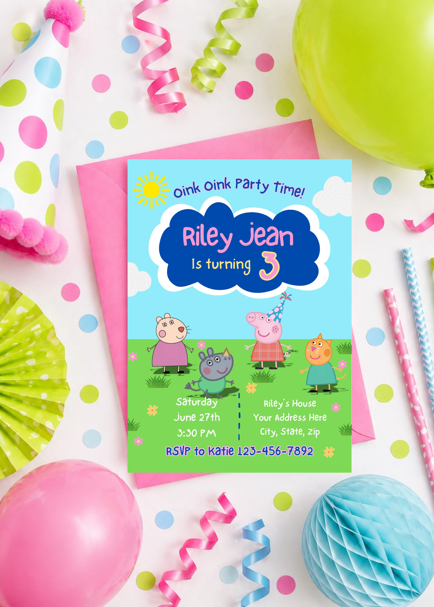 Peppa Pig Inspired Birthday Invitation | Editable 3rd Birthday Invite for Girls | Oink Party Theme | Printable Canva Template