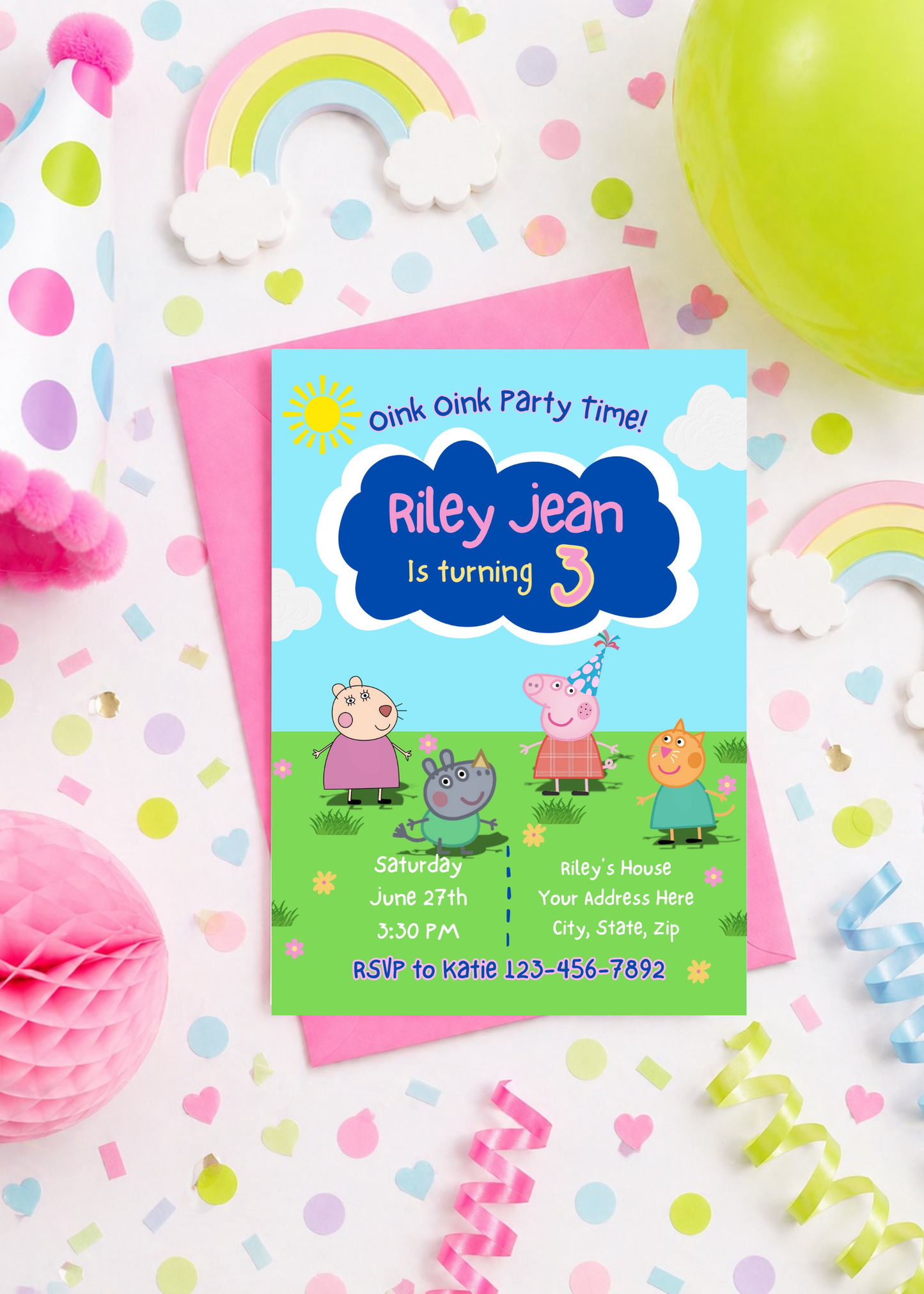 Peppa Pig Inspired Birthday Invitation | Editable 3rd Birthday Invite for Girls | Oink Party Theme | Printable Canva Template
