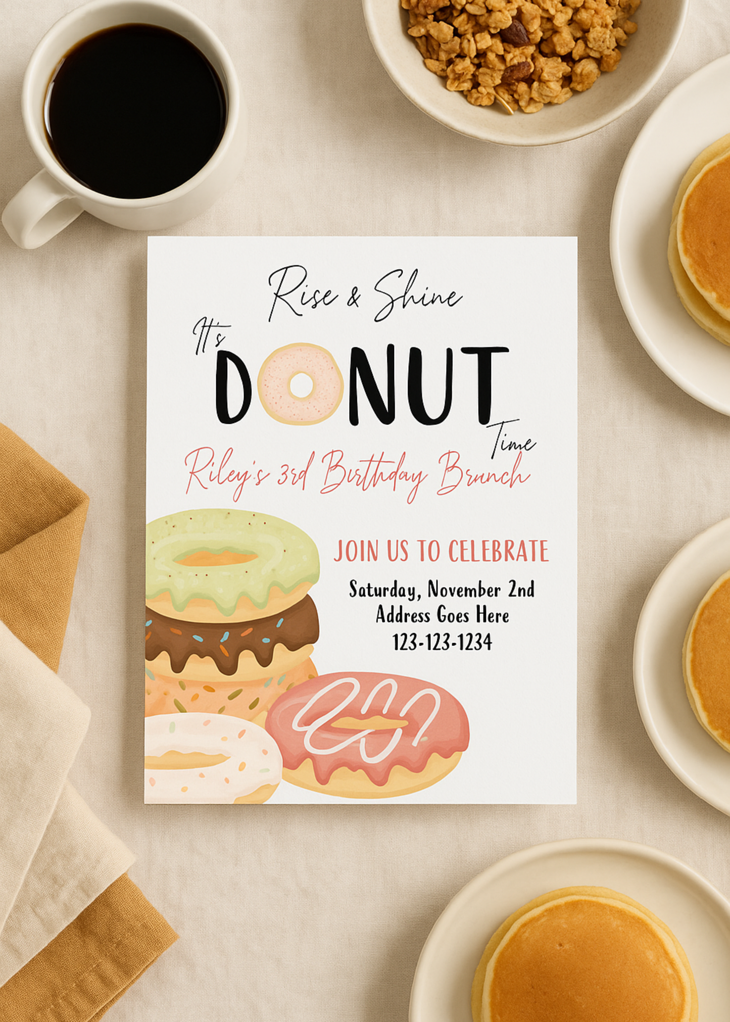 Birthday Brunch Invitation Template | Editable Brunch Party Invite | Donut Theme Birthday Invite | Printable Canva Invitation