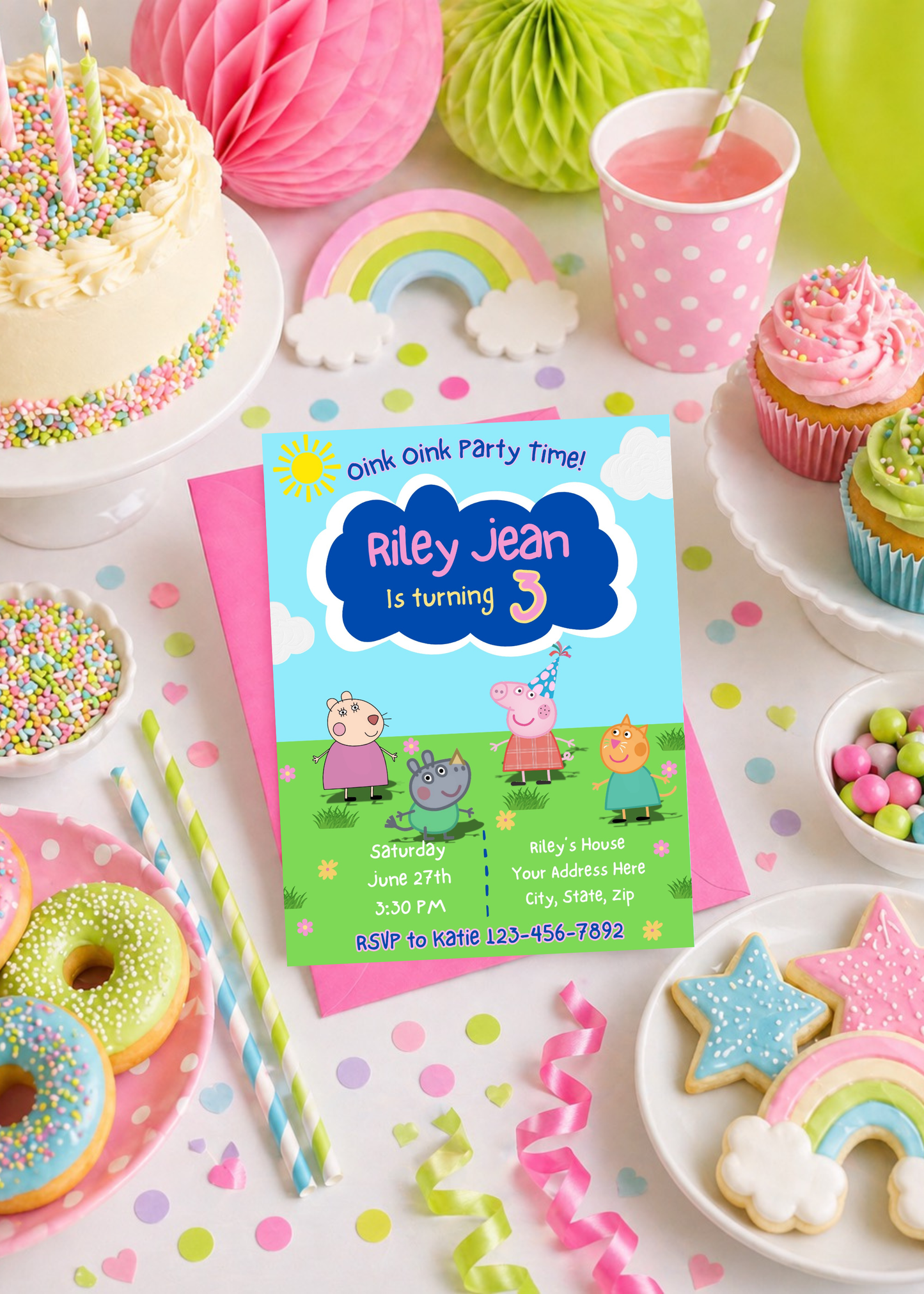 Peppa Pig Inspired Birthday Invitation | Editable 3rd Birthday Invite for Girls | Oink Party Theme | Printable Canva Template