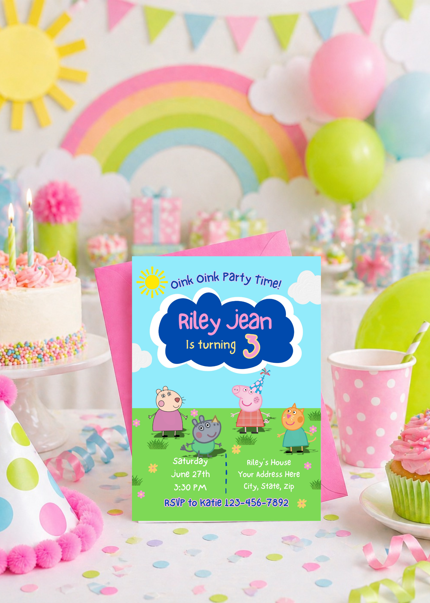 Peppa Pig Inspired Birthday Invitation | Editable 3rd Birthday Invite for Girls | Oink Party Theme | Printable Canva Template