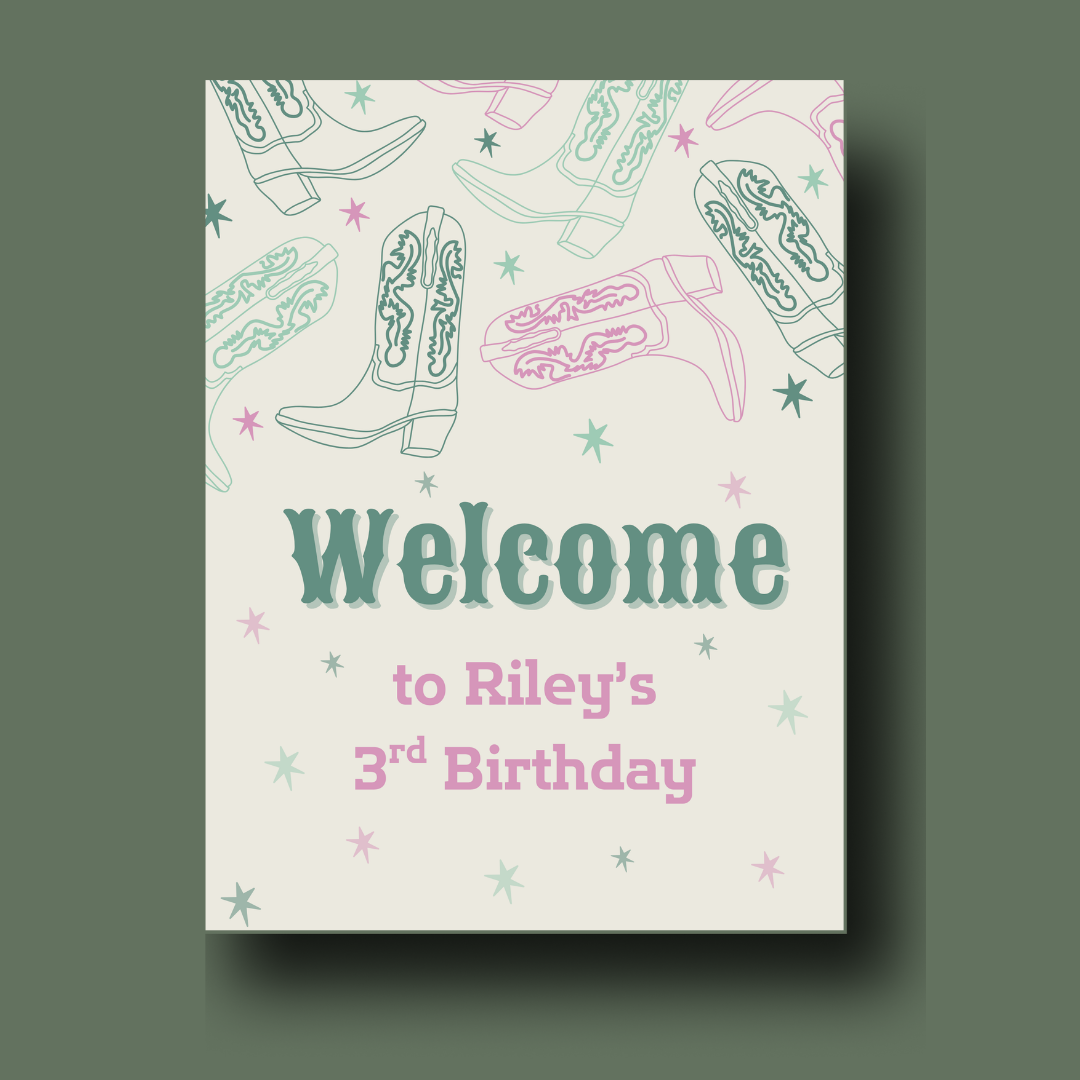 Western cowgirl-themed birthday welcome sign mockup with pastel green and pink cowboy boots and stars. Text reads “Welcome to Riley’s 3rd Birthday.” Set against a green background with drop shadow. Ideal for girl's third birthday party design preview.
