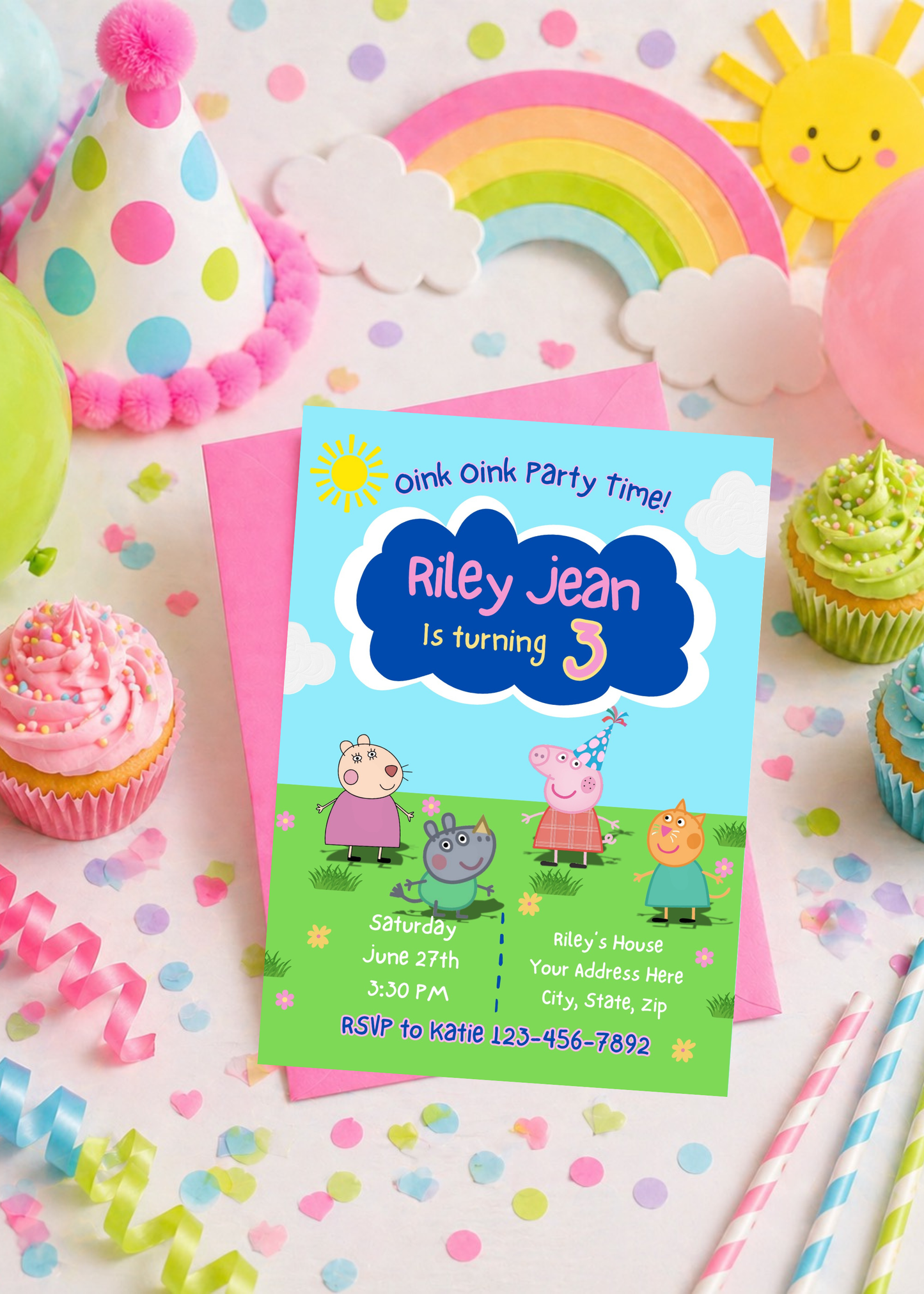 Peppa Pig Inspired Birthday Invitation | Editable 3rd Birthday Invite for Girls | Oink Party Theme | Printable Canva Template