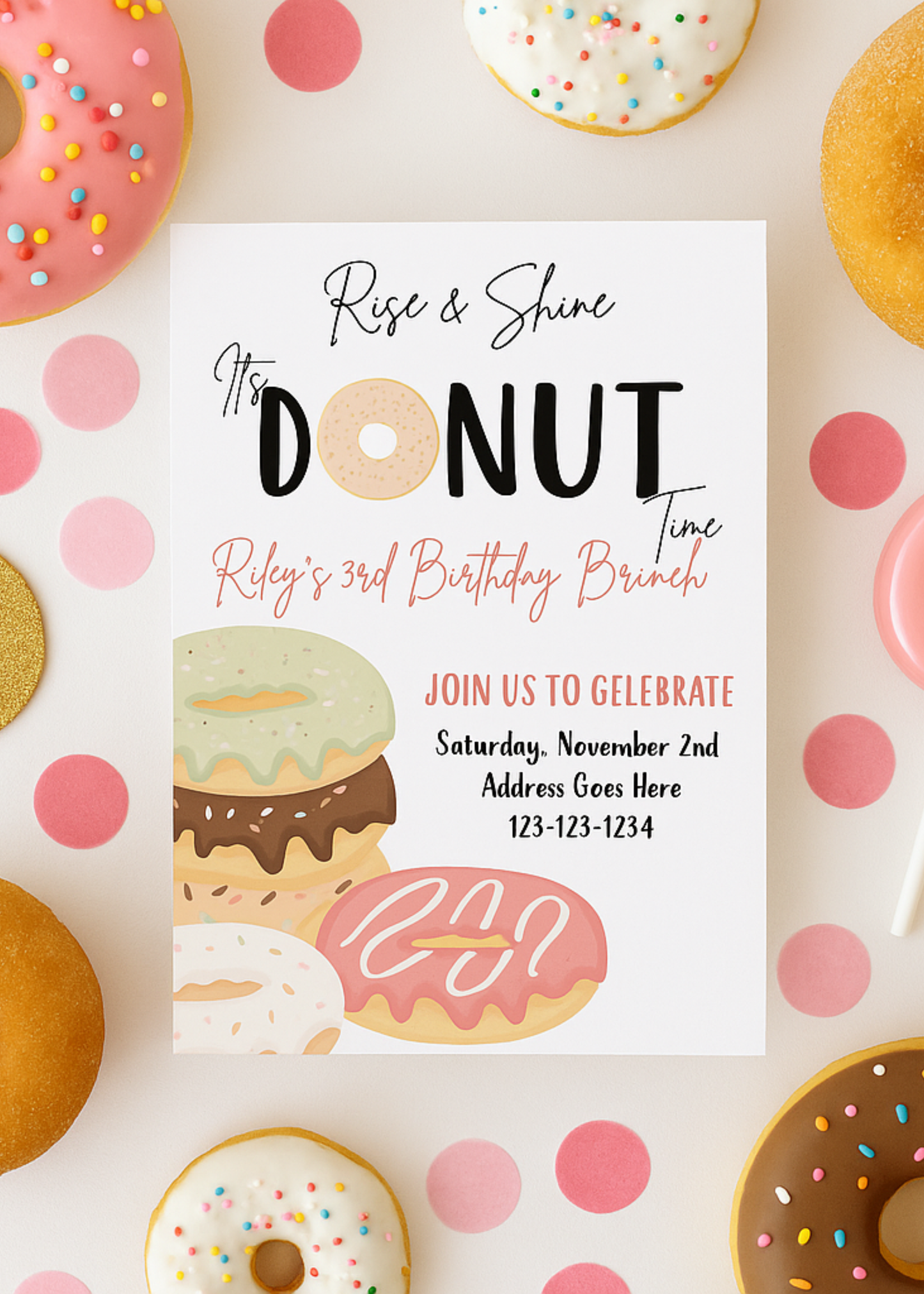 Birthday Brunch Invitation Template | Editable Brunch Party Invite | Donut Theme Birthday Invite | Printable Canva Invitation