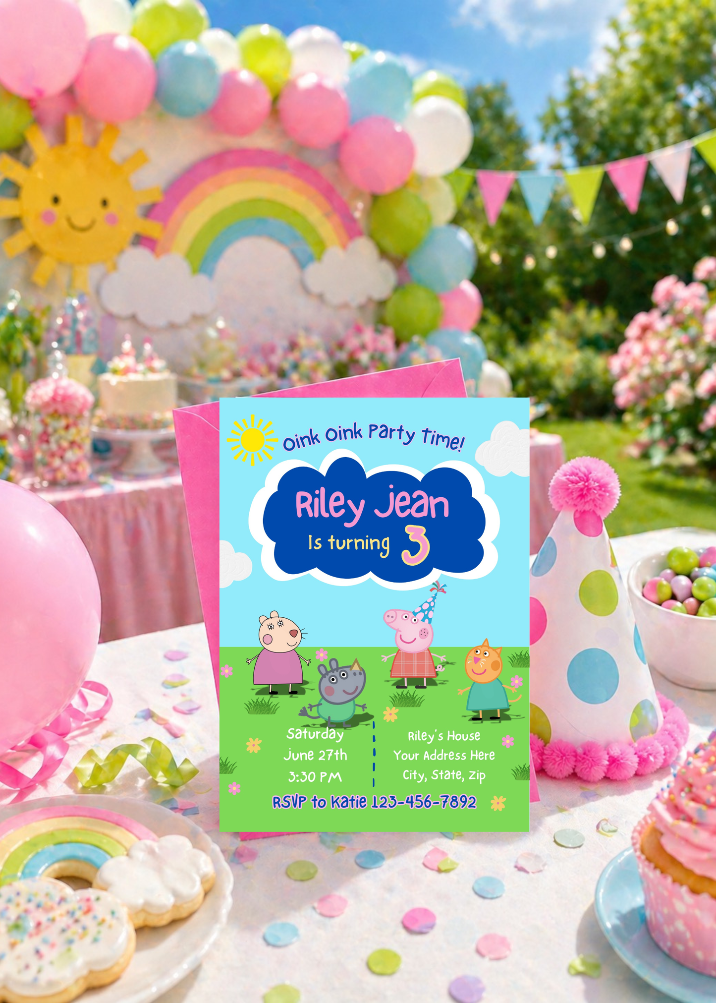 Peppa Pig Inspired Birthday Invitation | Editable 3rd Birthday Invite for Girls | Oink Party Theme | Printable Canva Template