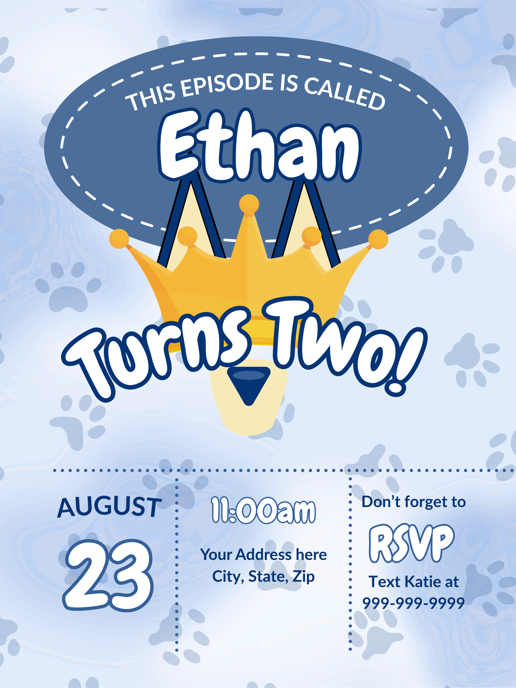 Bluey-inspired second birthday invitation featuring the text “This Episode Is Called Ethan Turns Two!” with dog ears, a yellow crown, paw prints, and playful blue tones. Includes party details for August 23 at 11:00 AM with RSVP info to text Katie.