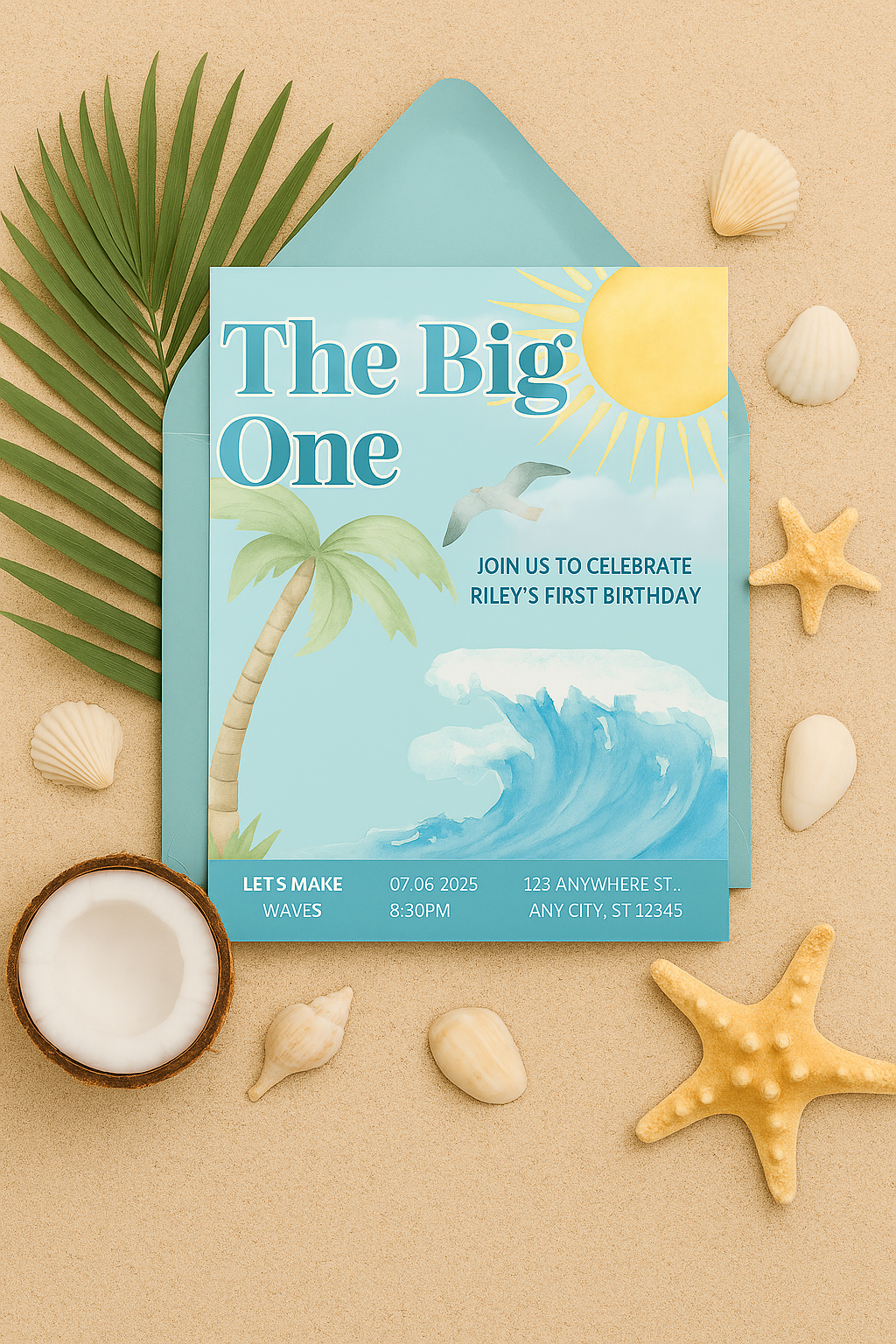 Flat lay photo of a beach-themed first birthday party invitation. The scene includes a tropical flower, a palm leaf, seashells, a starfish, a corner of a surfboard, and an open envelope with the “The Big One” invitation inside. The background resembles sand, evoking a coastal, summery vibe perfect for a surfer-themed celebration.