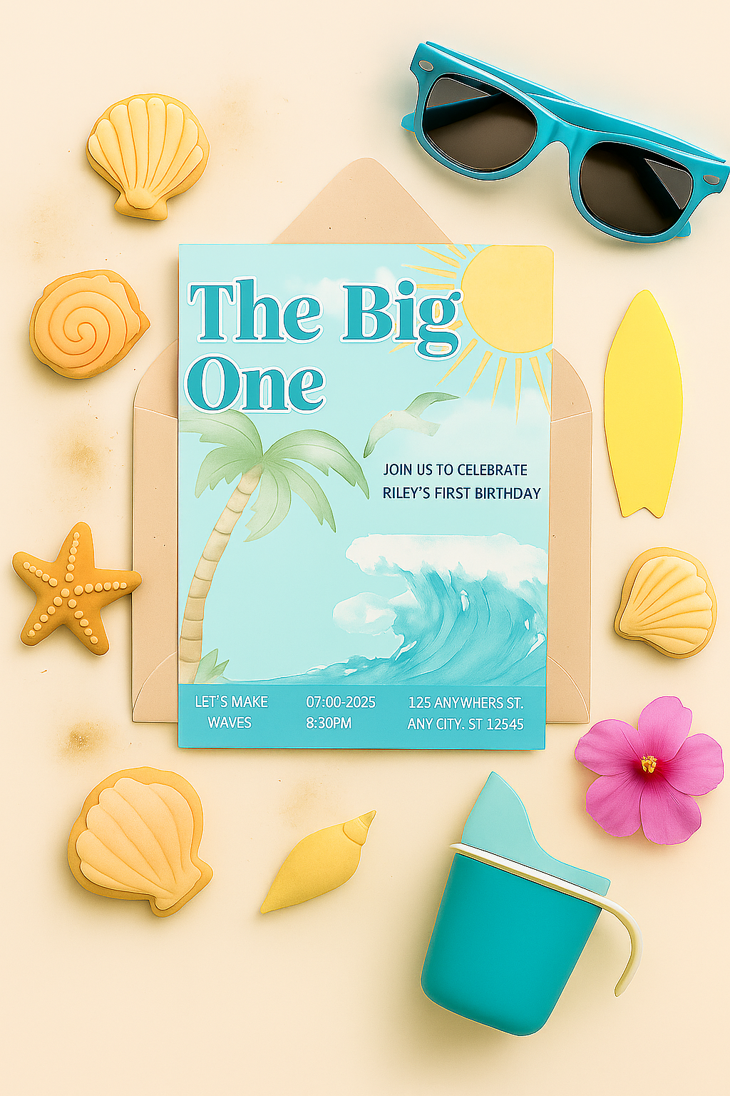 A beach-themed birthday flat lay for a first birthday party. The arrangement includes a pastel invitation card that says “The Big One,” surrounded by soft sand, a palm leaf, a tropical flower, seashells, a starfish, a pair of sunglasses, and a peek of a surfboard. The scene feels light, playful, and perfectly summery.