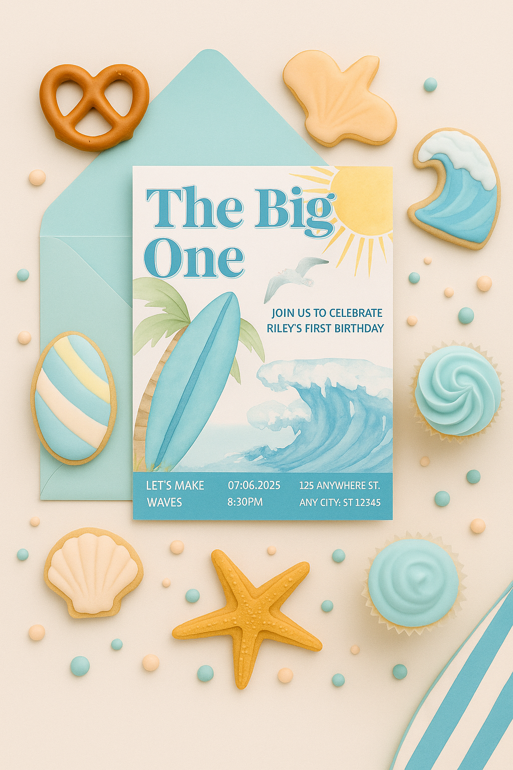Flat lay image of a surfer-themed first birthday invitation titled "The Big One," featuring ocean waves, a surfboard, and tropical accents. The invite is paired with a blue envelope and surrounded by themed sugar cookies including a seashell, surfboard, wave, starfish, and cupcakes with light blue frosting. Soft pastel candies are scattered across the neutral background, creating a beachy and festive summer vibe.
