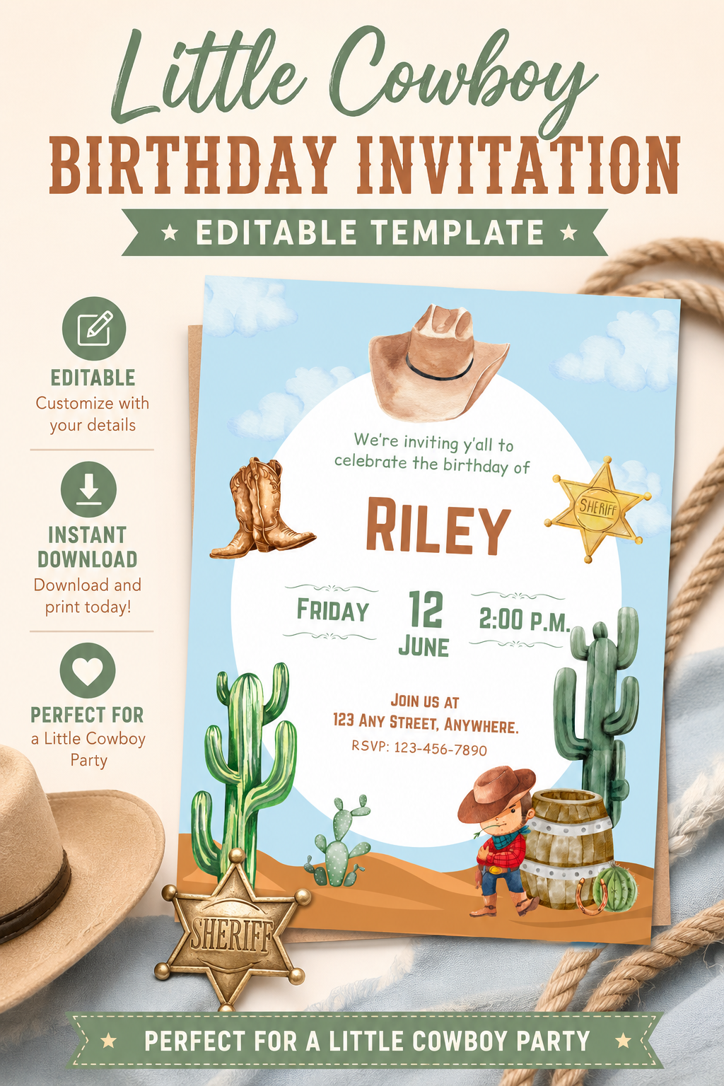 Little Cowboy Birthday Invitation | Editable Digital Download