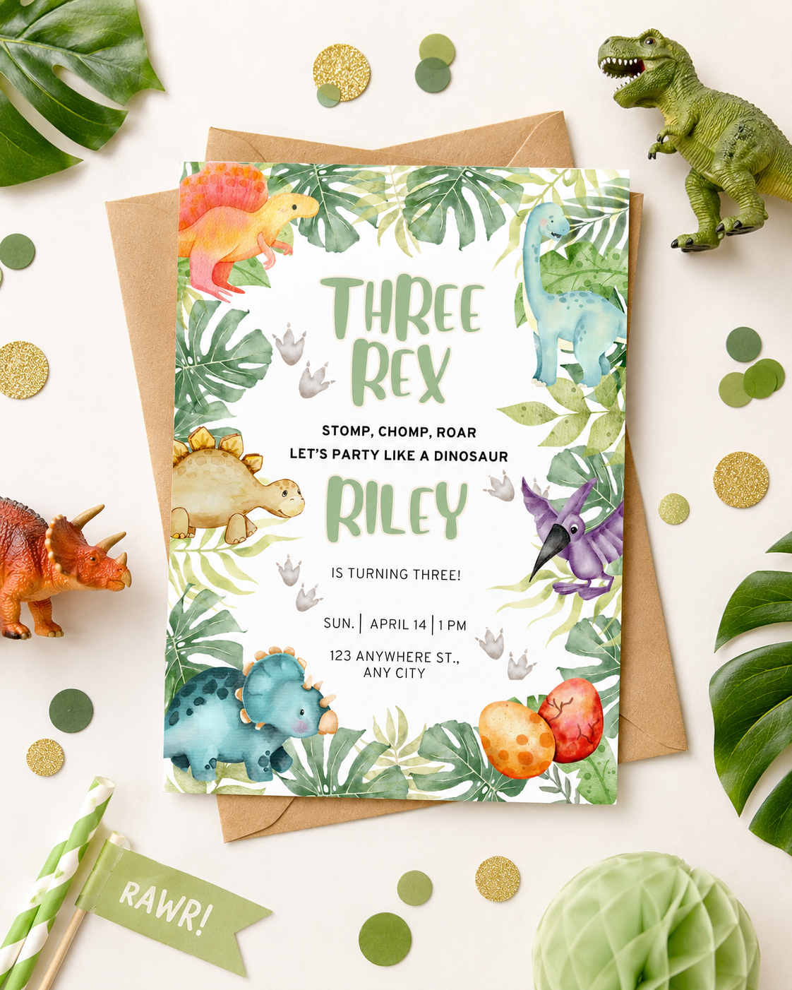 Three Rex Birthday Invitation | Editable Dinosaur Digital Download