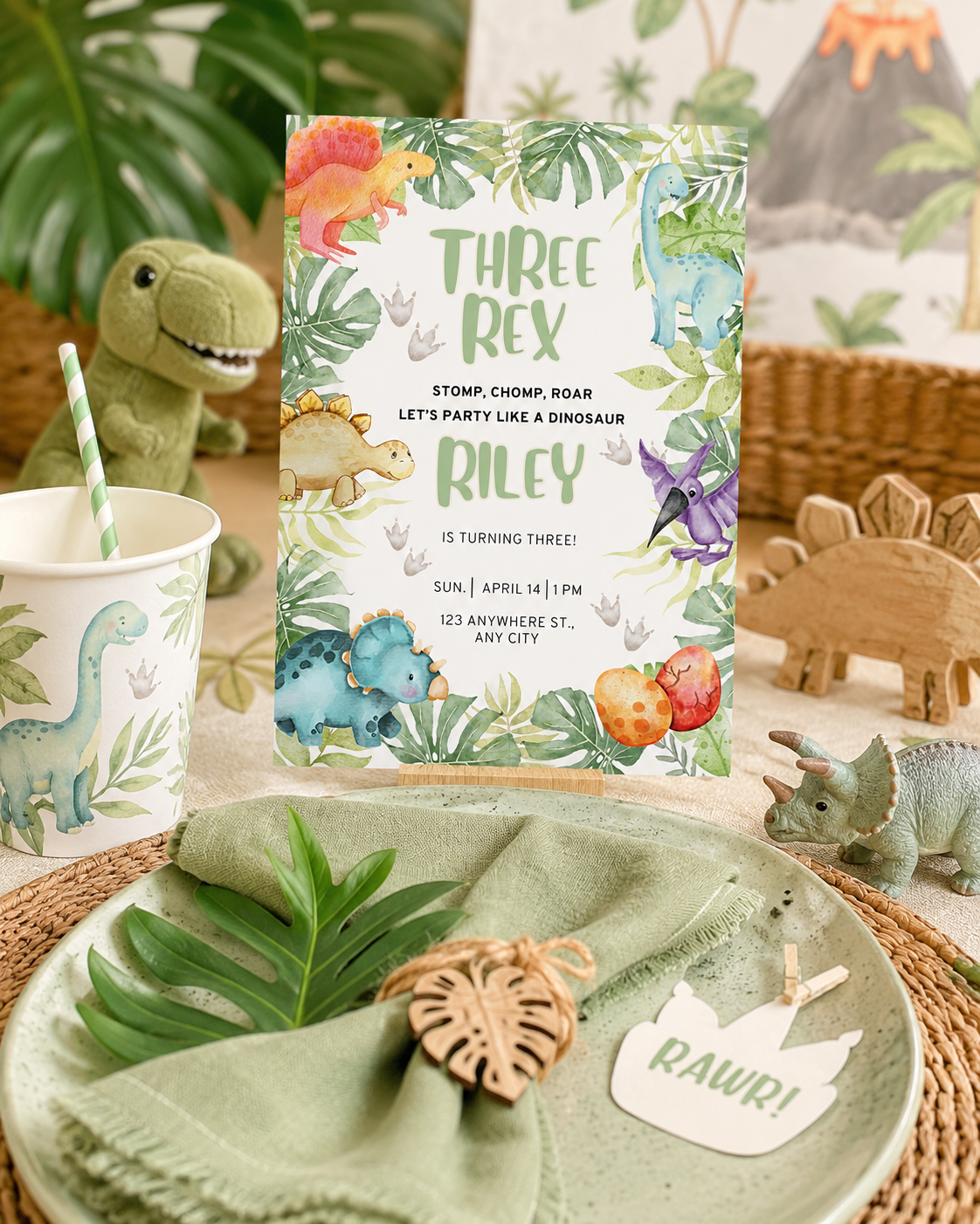 Three Rex Birthday Invitation | Editable Dinosaur Digital Download