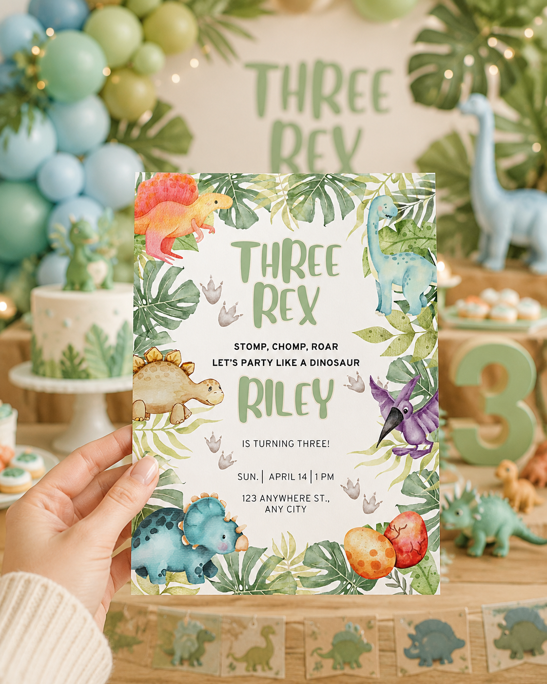 Three Rex Birthday Invitation | Editable Dinosaur Digital Download