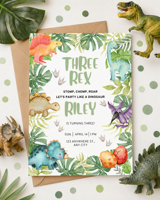 Three Rex Birthday Invitation | Editable Dinosaur Digital Download