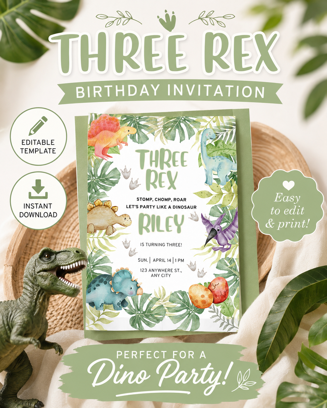 Three Rex Birthday Invitation | Editable Dinosaur Digital Download