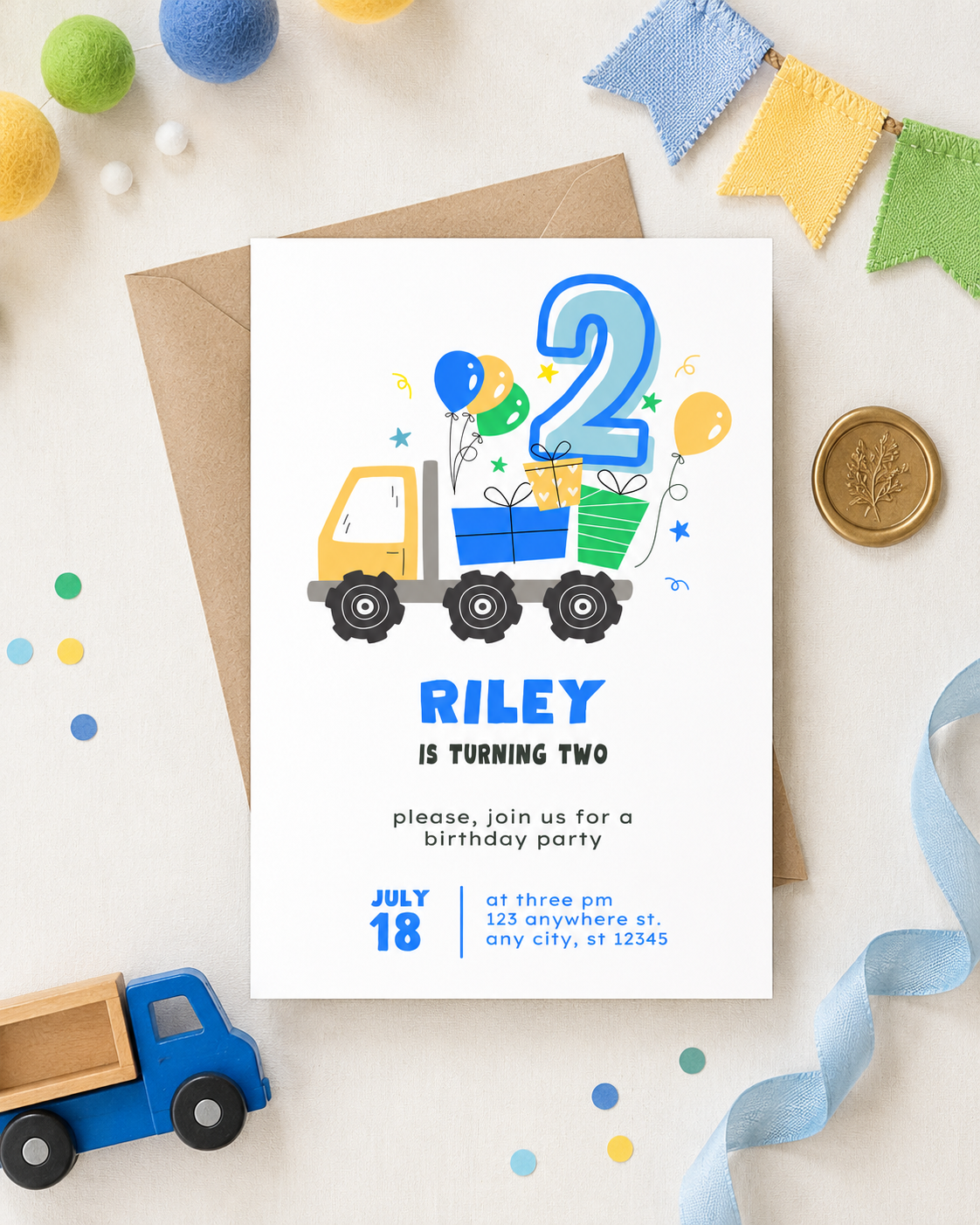Two the Truck Birthday Invitation | Editable 2nd Birthday Digital Download