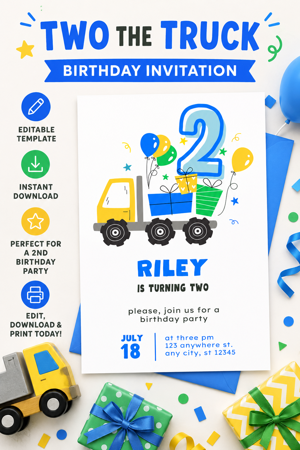 Two the Truck Birthday Invitation | Editable 2nd Birthday Digital Download
