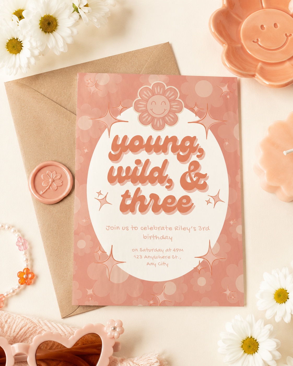 Young, Wild, & Three Birthday Invitation | Editable Digital Download